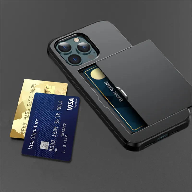 Slide Wallet Credit Card Slot Phone Case For iPhone 15 14 Armor Shockproof Back Cover