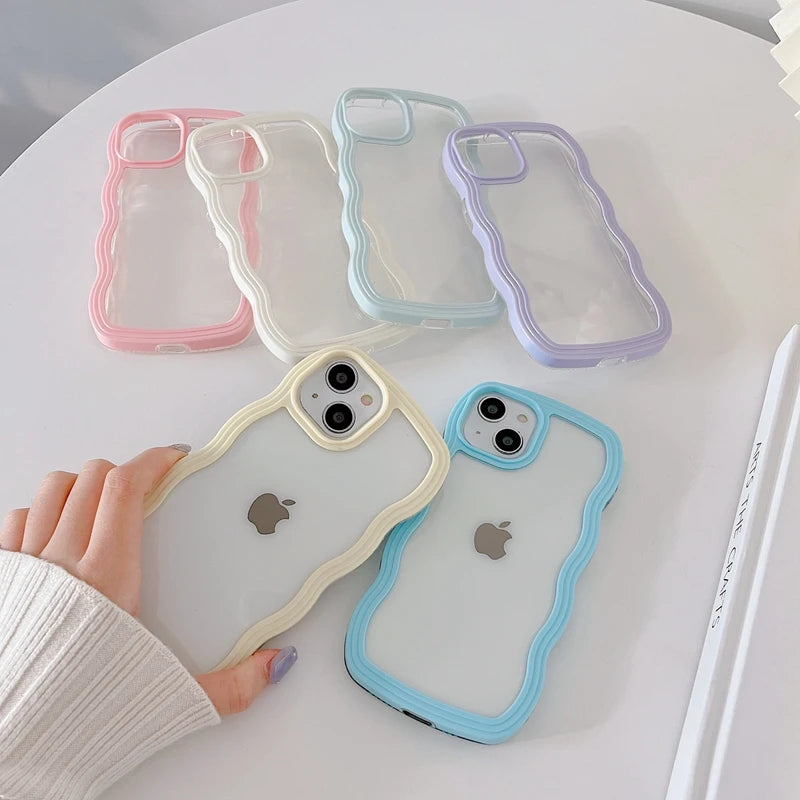 Soft Wavy Lines Phone Case For iPhone 14 & 15 Candy Bumper Transparent Cover