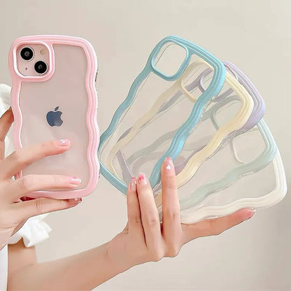 Soft Wavy Lines Phone Case For iPhone 14 & 15 Candy Bumper Transparent Cover