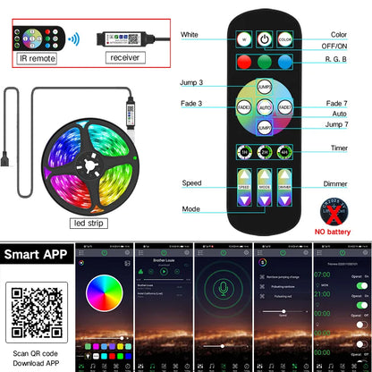 USB 1-30M Led Strip Lights RGB 5050 Bluetooth