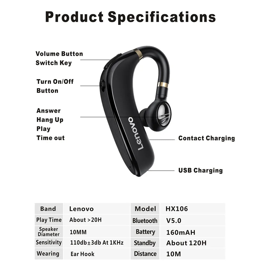 Original Lenovo HX106 Bluetooth 5.0 Earbud with Microphone For Driving